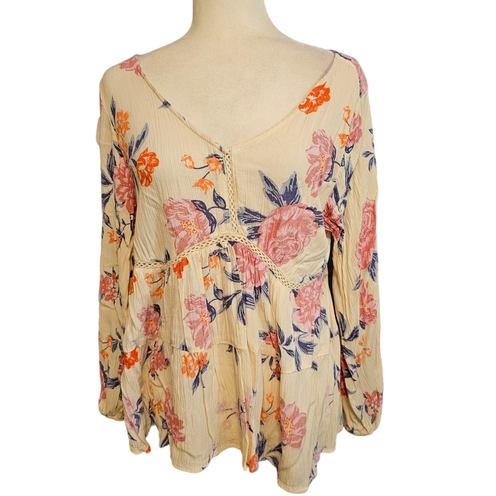 Angels Boho Blouse Long Sleeve Loosefit Beige Floral Flowy Womens Medium
